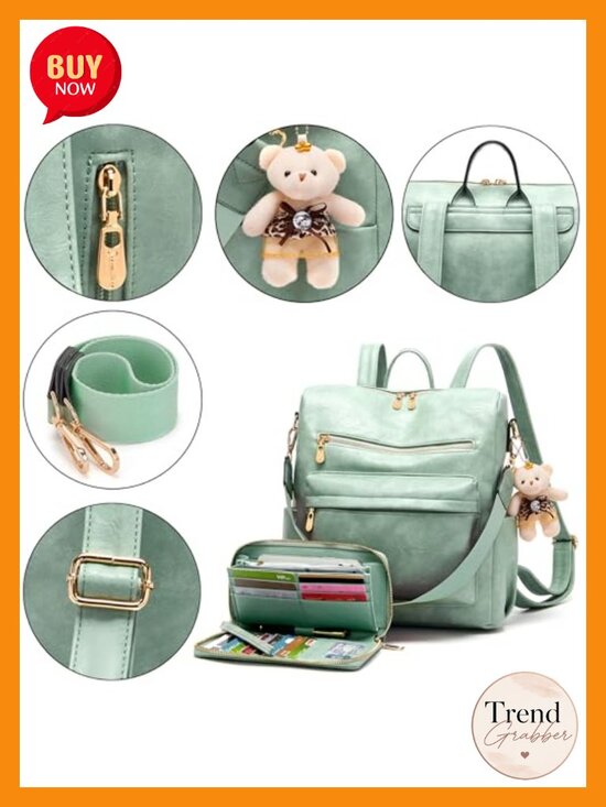 Women\'s Vegan Leather Backpack Purse with Wallet 2pcs Set, Multi-Pocket Travel main image 4